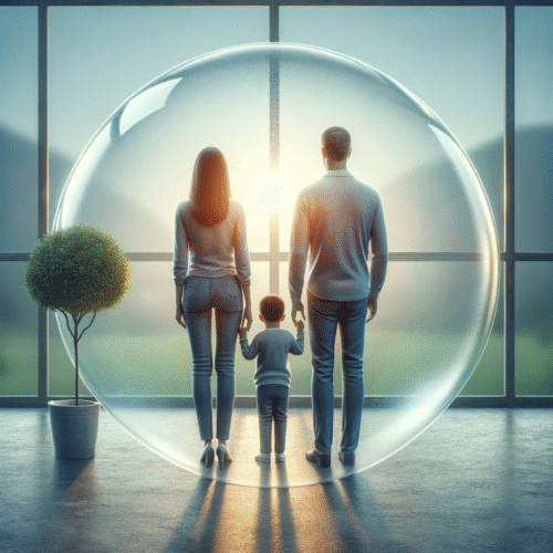 DALL·E 2023-11-15 19.43.17 - An image portraying the concept of life insurance with a family, viewed from behind, standing inside a protective circle or bubble. The family, consis