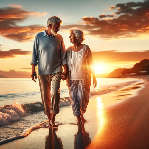 DALL·E 2023-11-16 15.20.00 - A heartwarming image representing the comfort and security of pension savings, showing an elderly couple walking hand in hand on a beach at sunset. Th