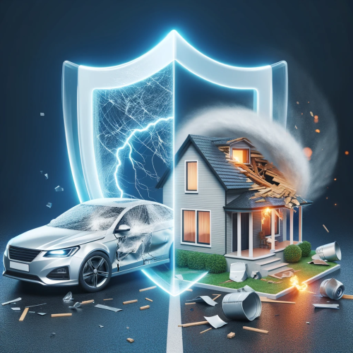 DALL·E 2023-11-16 17.57.26 - An image representing car and home insurance, featuring a damaged car and a house partially destroyed by a tornado. The car is modern but has visible